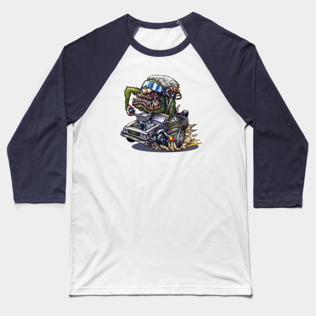 Doc Brown's Delorean Dragster Baseball T-Shirt by ChetArt